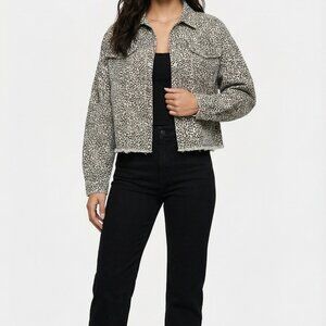 Boutique Mittoshop Oversized Animal Leopard Print Denim Button Down Jacket